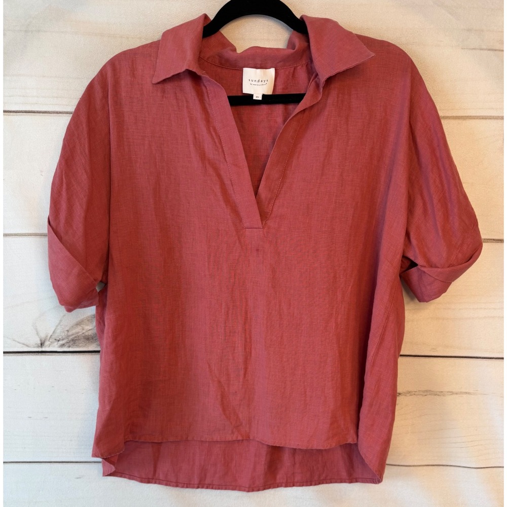 Sundays by We Are Sundays Terracotta Rose 100% Linen V-Neck Blouse Top XS